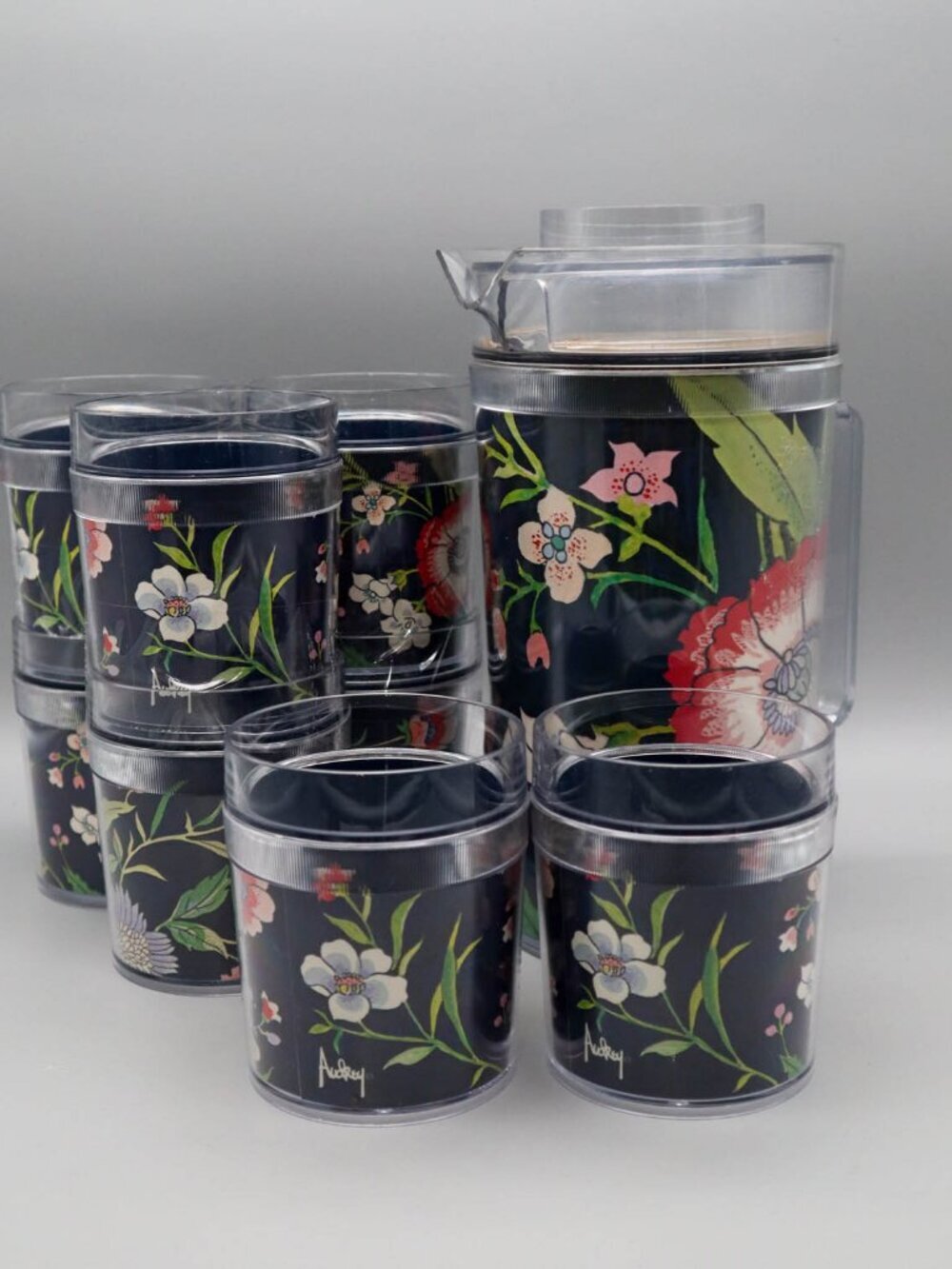 Vtg Thermo-Serv Insulated Acrylic Pitcher & Tumbler Set Audrey St. Tropez Floral